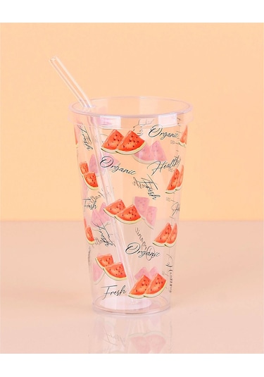 Desenli Plastik Pipetli Bardak 16 Cm 1 Adet Royaleks-enf-040