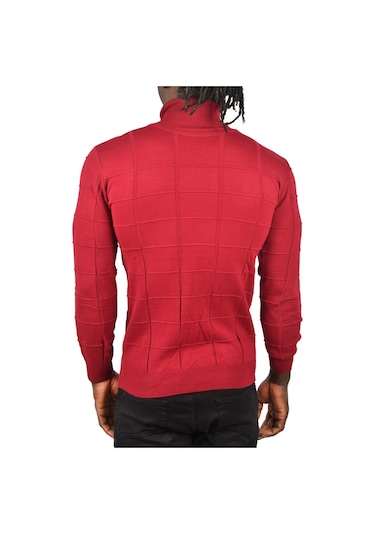 Deepsea Erkek Bordo Kare Desenli Balıkçı Yaka Slim Fit Boğazlı Triko Kazak 2505493 Bordo