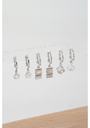 Kadın Zirkon Taşlı Sallantılı Kare Figürlü Klipsli 6'lı Küpe Seti Çok Renkli