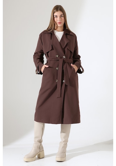 Amazon Keten Kumaş Diz Altı Yumuşak Dokulu Düğmeli Astarlı Trenç Kot Koyu Kahve Koyu Kahverengi