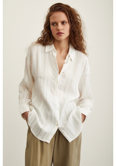 Never More Dokulu Çizgili Gömlek Beyaz