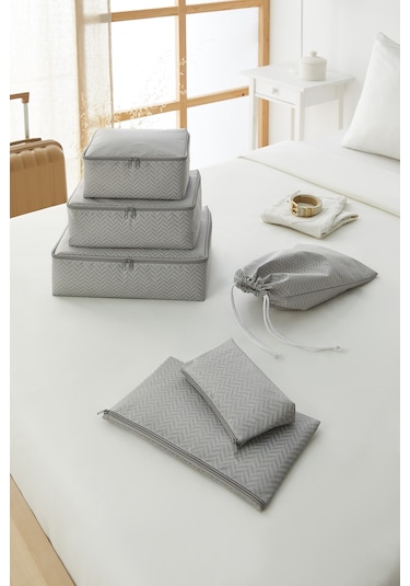Ocean Home Textile 6'lı Gri Balıksırtı Bavul İçi Düzenleyici Set