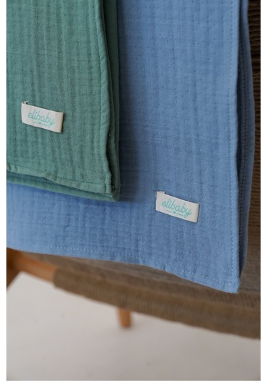 Pamuk 4 Katlı Müslin Örtü Seti 2'li İndigo Mavi ve Çağla Yeşili Mavi Yeşil