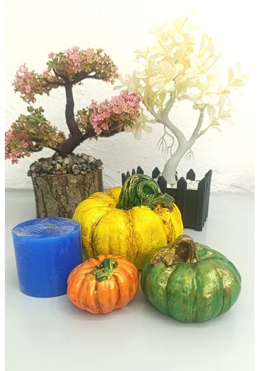 Artepieza Kabak Figürlü Dekor Seti Doğal Masa Süsleri-kabak & Mum Seti-biblo Dekoratif Set B. Boy Sarı 10 cm