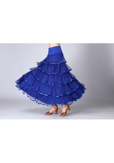 Sones Pullu Salıncak Modern Dans Uzun Etek Yarışma Kostümü Kraliyet Mavisi Saks Mavi