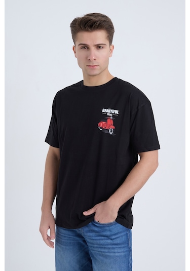 Velvoria Unisex Oversize Beautıful Ride Baskılı Siyah Renk T-shirt
