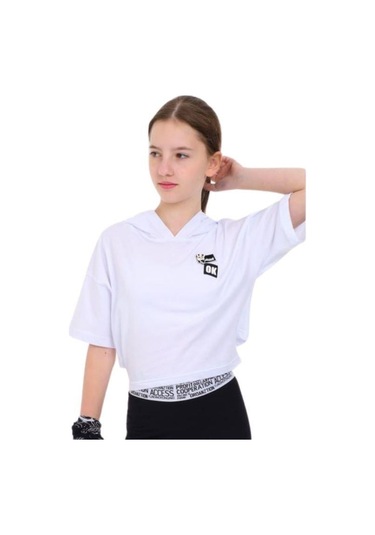 Kız Çocuk Pamuklu Geniş Kesim Kapüşonlu T-shirt-14243 Beyaz