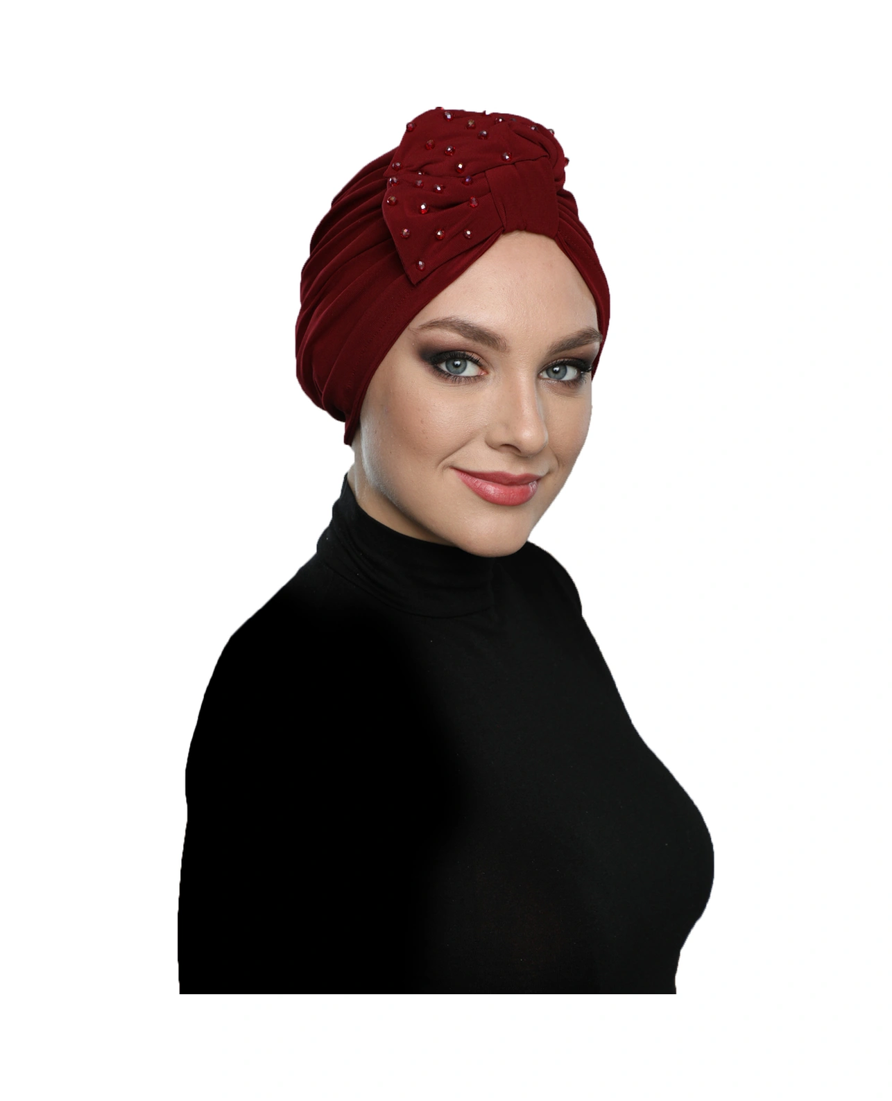 Kristal Yelpaze Taş Işlemeli Çift Taraflı Astarlı Bordo Hazır Türban Tesettür Abiye Bone Bordo