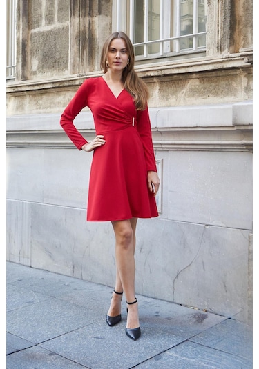 Kadın Likralı Krep Kumaş Kruvaze Anvelop Büzgülü Eteği Çan Uzun Kol Diz Boy Elbise-kırmızı Kırmızı