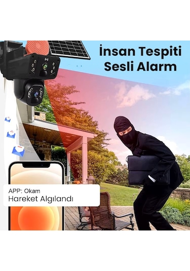 Solar Panelli, Güneş Enerjili, Sım Kartlı 4g, 6mp Çift Lensli Ptz