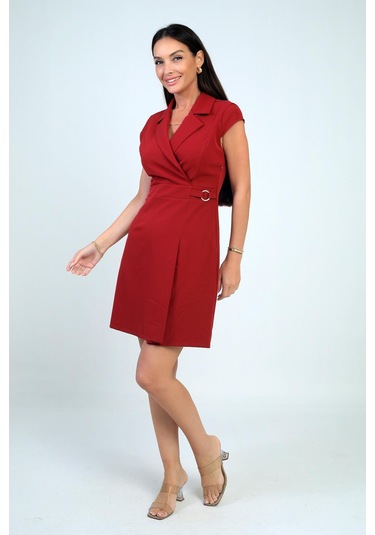 Kadın Kruvaze Yaka Toka Detaylı Eteği Pileli Likralı Krep Elbise-41676 Bordo