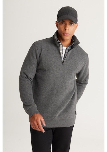 AC&Co / Altınyıldız Classics Standart Fit Normal Kesim İçi Polarlı Bato Yaka Pamuklu Erkek Sweatshirt Antrasit Melanj Antrasit AC&Co / Altınyıldız Classics Standart Fit Normal Kesim İçi Polarlı Bato Yaka Pamuklu Erkek Sweatshirt Antrasit Melanj Antrasit