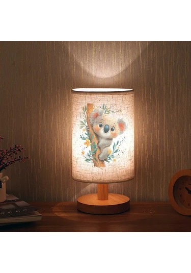 Willowhaven Cute Koala Baskılı 24x10 Ahşap Renk Masa Lambası Yatak Odası Ve Ofis İçin Usb Led Aydınlatma Füme
