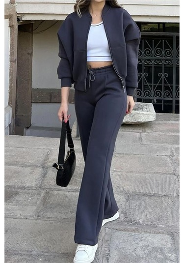 Neşeli Butik Kadın Fermuarlı 3 İplik Eşofman Takımı Nb0018 - Antrasit Antrasit