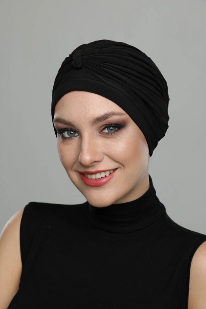 Örgülü Siyah Hazır Türban Tesettür Havuz Bonesi Siyah