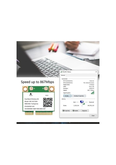 Ulzyvf Wifi Pcı-e Mini Mc-ac7265 Kartı Kablosuz Çift Bluetooth Bant 1200mbps Rq