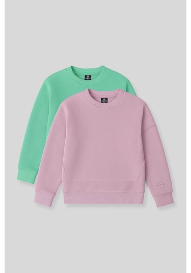 Oversıze 2li Paket Gül Kurusu-su Yeşili Kız Çocuk Sweatshirt - 75150 Gül Kurusu