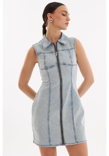 Fermuarlı Mini Denim Elbise Açık Mavi