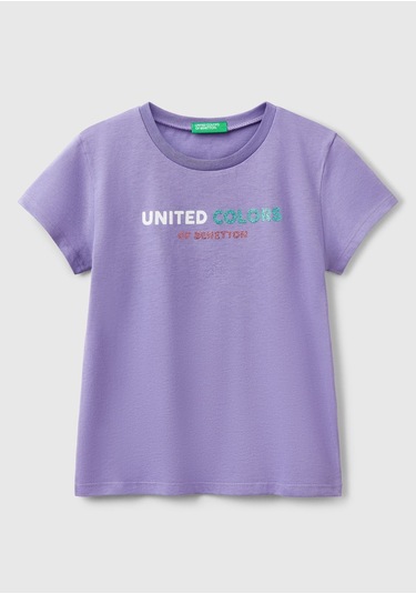 Kız Çocuk Mor Simli Logo Baskılı T-shirt Mor