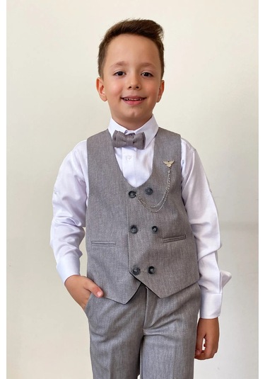 Erkek Çocuk Takım Elbise Papyonlu Yelekli Takım Elbise Gri