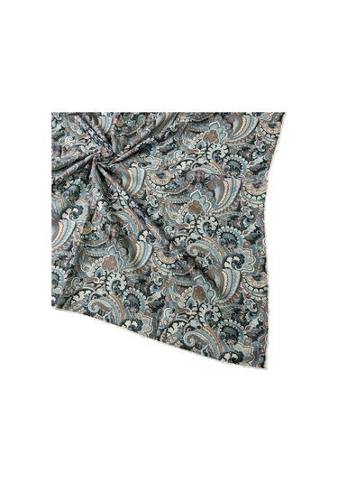 Ebruli Pamuklu Etnik Desenli Soft Eşarp 90x90 Cm Kiremit - Siyah