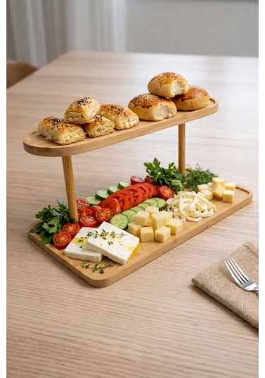 2 Katlı Bambu Sunumluk Standı, Bambu Tabak Seti, Dekoratif Organizer Kahve