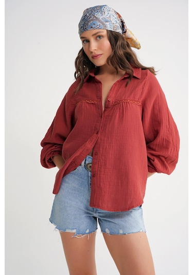 4677 Kadın Dantel Detaylı Müslin Gömlek Kızılcık Kızılcık