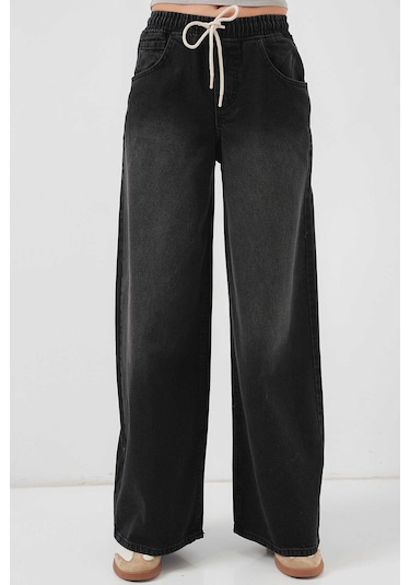 Gabria Bel Lastikli Bol Paça Jean Pantolon Siyah