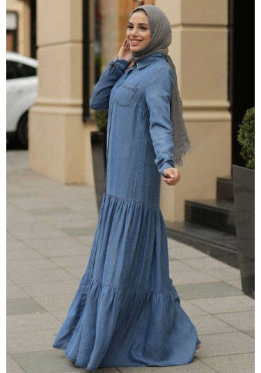 Neways 6564-Büzgülü Düğmeli Elbise Koyu Mavi
