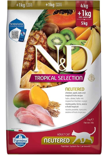 N&D Tropical Selection Düşük Tahıllı Tavuklu Tropikal Meyveli Kısırlaştırılmış Yetişkin Kedi Maması 4 KG + 1 KG