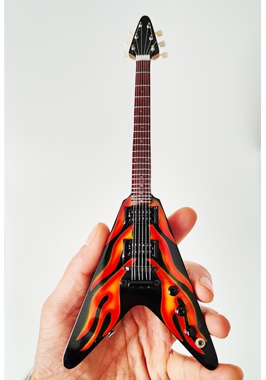 El Yapımı 1/4 Ölçek Minyatür Elektro Gitar Esp Flying V Flames