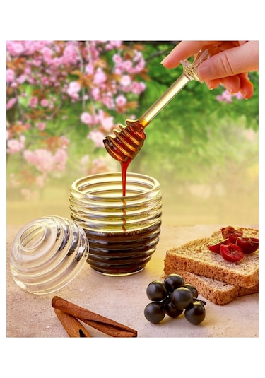 Rotanev Kovan Şekilli Kaşıklı 3 Parça Kristal Bal Kavanozu Mika Kavanoz Bal ve Reçel Kavanoz Kahvaltılık