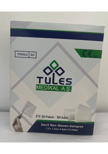 Tules Steril Non Woven Kompres Spanç 7,5 X 7,5cm 4 Katlı 5 'li 50 Paket- 50 Adet Steril