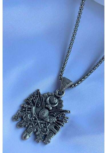 Osmanlı Tuğrası El İşçiliği Paslanmaz Çelik Zincir Erkek Kolye Gümüş