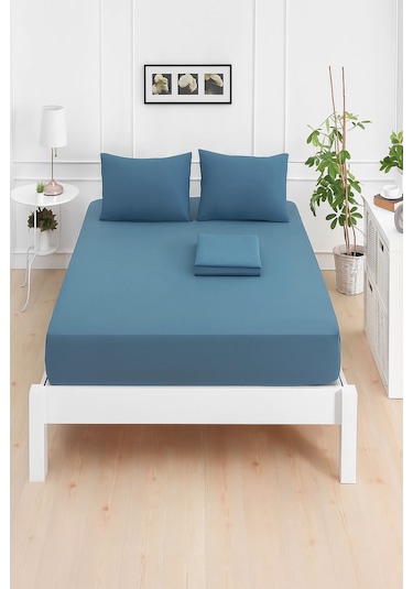 Mirava Premium %100 Pamuk Penye Lastikli Tek Kişilik Çarşaf Takımı 1 Yastık Kılfı Dahil İndgo Mavi 100x200cm Indigo