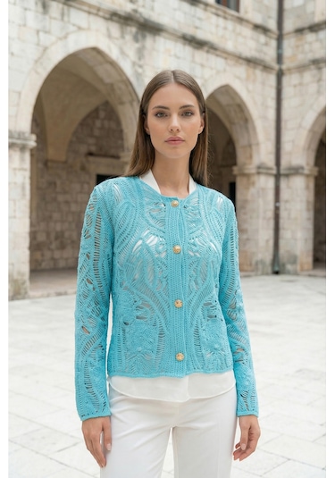 Sayzen Your Shine Dantel Desenli Gold Düğmeli Basic Ceket Shn-2602-tg Gök Mavi