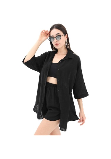 Pamuk Keten Şort Gömlek Kadın İkili Takım - Siyah-siyah Siyah