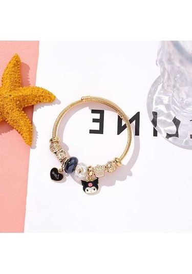 Dancemonkey Titanyum Bileklik Moda Karikatür Kedi Aşk Kolye Bileklik-ky06 Siyah