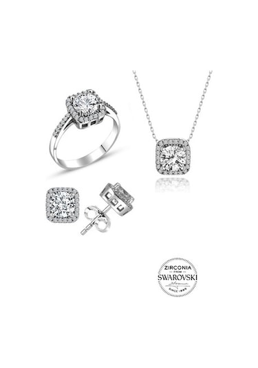 Gümüş Swarovski Taşlı Pırlanta Modeli Kare Üçlü Set