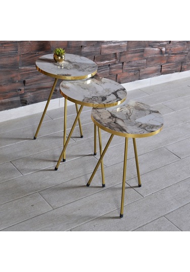 Zigon Sehpa 3'Lü Altın Metal Ayak 2 Renk Seçenekli