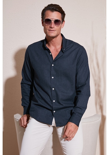 Buratti Pamuklu Regular Fit Düğmeli Yaka Kışlık Erkek Gömlek Cf24W127079 Koyu Lacivert