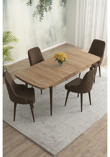 Meri Serisi 80x132 Açılabilir Mdf Meşe Masa Takımı 4 Lacivert Sandalye Kahve Ayak Kahverengi