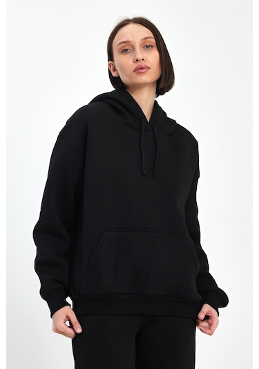 Odda Kadın Kapüşonlu Şardonlu Sweatshirt Siyah