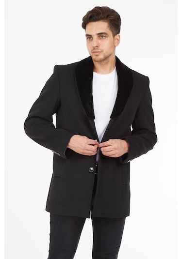 Sposo 1661 Yaka Kürkü Çıkmalı Yünlü Kaşe Siyah Erkek Kaban Siyah