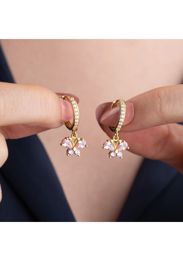 Vaoov 925 Ayar Gümüş Pembe Taşlı Sallantılı Kelebek Küpe Altın