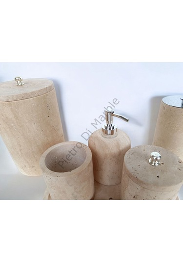 Sarı Traverten Klasik Model 7 Parça Gümüş Renk Düğme Aksesuarlı Banyo Seti Sarı Traverten