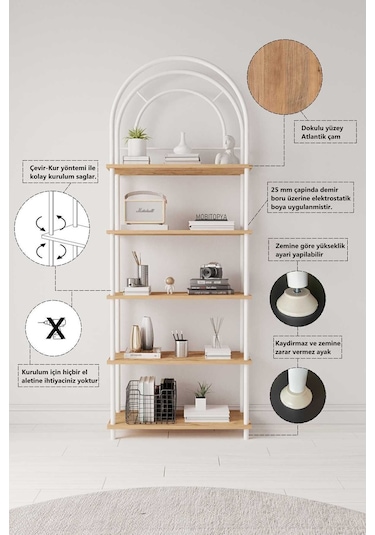 Çevir Kur Atlantik Çam Bohem Kitaplık Çok Amaçlı, 5 Raflı, Dekoratif Dolap 199x71x29 Cm Atlantik Çam
