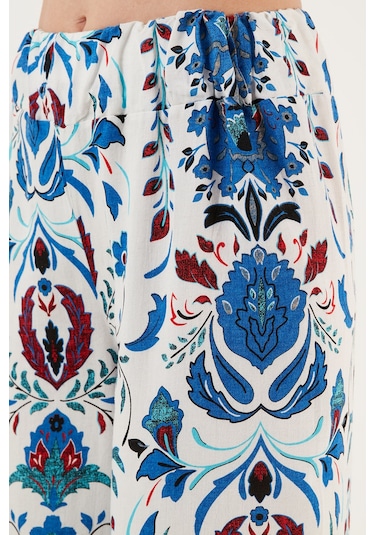Lela Desenli Beli Lastikli Bol Paça Rahat Kesim Bayan Pantolon 5865217 Beyaz-Saks