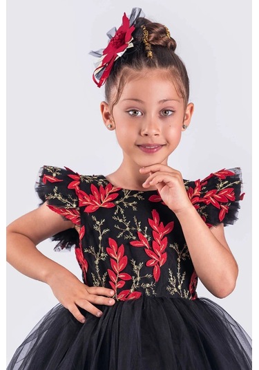 Kız Çocuk Elbise Tütü Etek Nakışlı Siyah Kırmızı