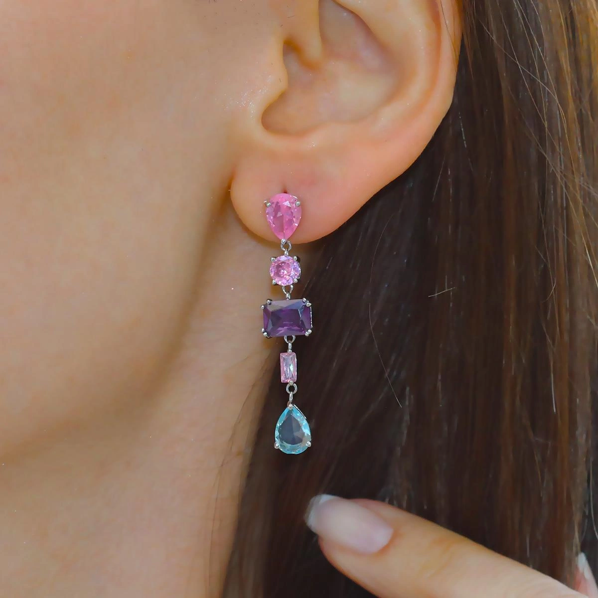 Renkli Damla Taşlı Gümüş Küpe Gümüş